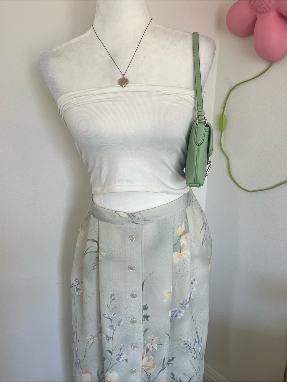 Light Sage Floral Button-Front Maxi Skirt